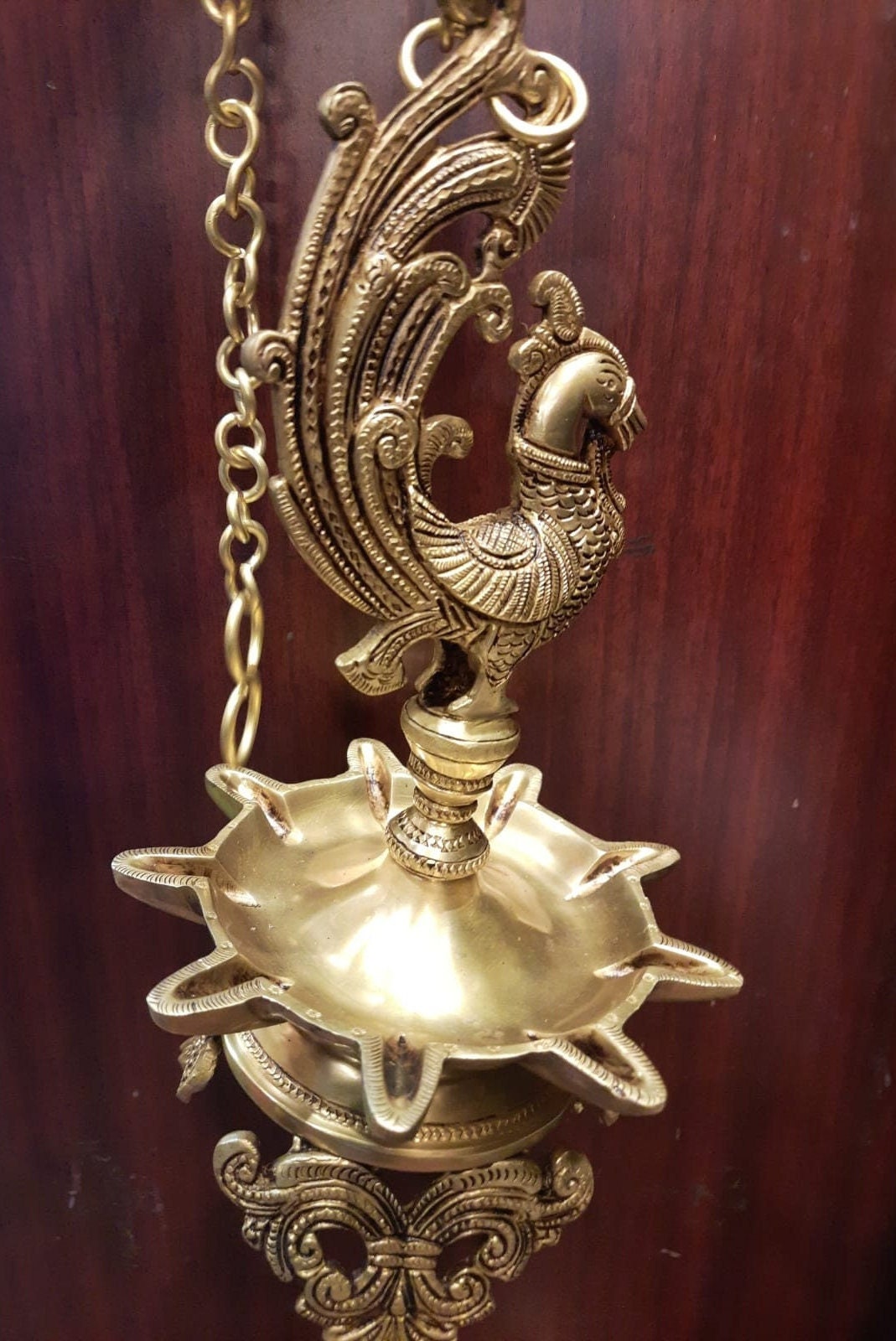 Vintage Brass Peacock Oil Lamp | Thooku Vilakku From South buy India, Length 37 cm With Chain, Hanging Brass Oil Lamp With Peacock, Home Decor