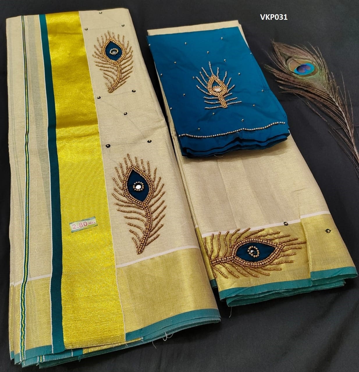 Outlets Kerala Tissue Sreekrishna mural painted Set Mundu with Ready wear Blouse or Blouse Material / Indian traditional women clothing/ Handmade