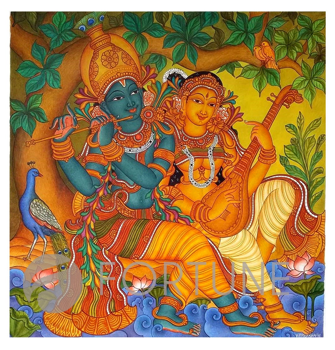 Radha Madhavam, Gopika Krishna, Kerala Mural Painting Artwork, Canvas Rolled, Wall Decor