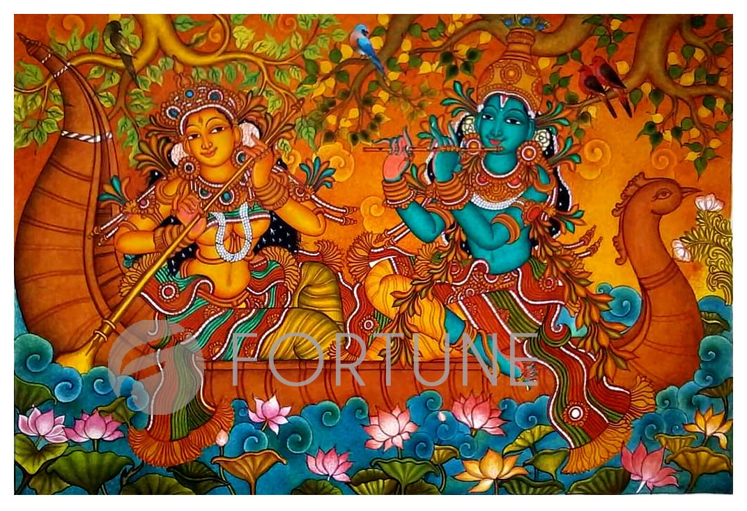 Radha Madhavam, Gopika Krishna, Kerala Mural Painting Artwork, Canvas Rolled, Wall Decor