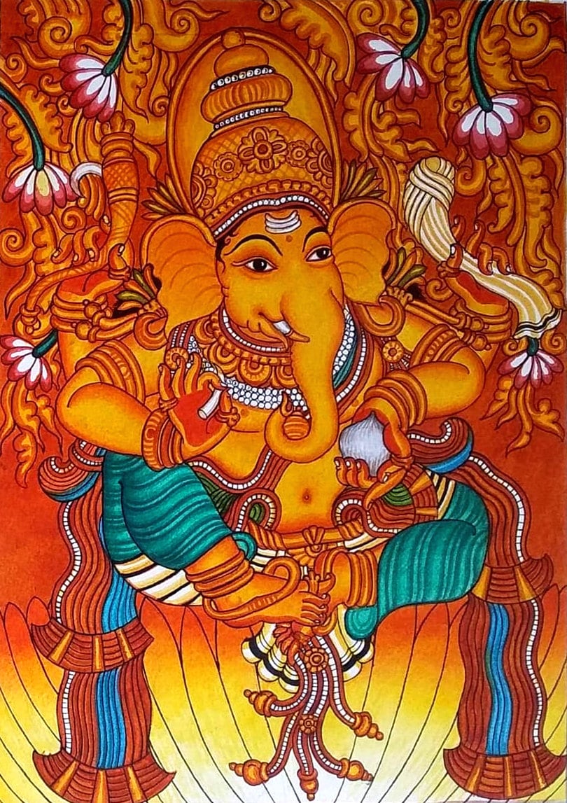 Lord Ganesha, Kerala Mural Painting, Hand Painted, Canvas Rolled, Wall Decor