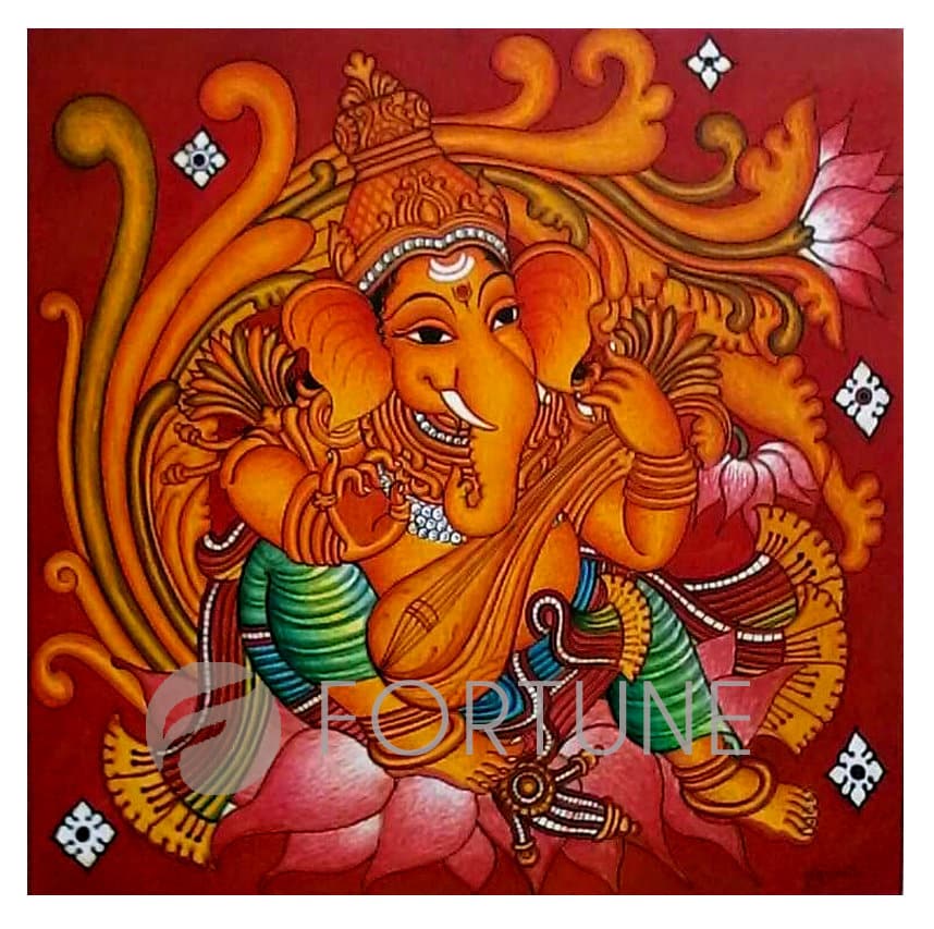 Lord Ganesha, Kerala Mural Painting, Hand Painted, Canvas Rolled, Wall Decor