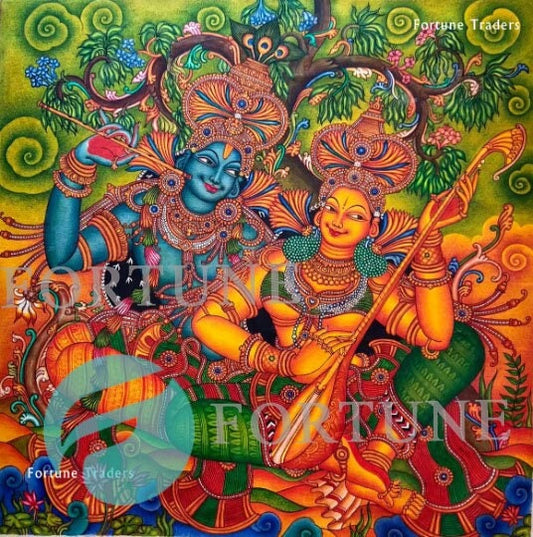 Kerala Mural Painting Radha Madhavam,Lakshmi narayan Canvas Rolled, Radha and Lord Krishna Hand Painted