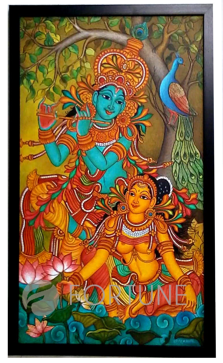 Radha Madhavam, Gopika Krishna, Kerala Mural Painting Artwork, Canvas Rolled, Wall Decor