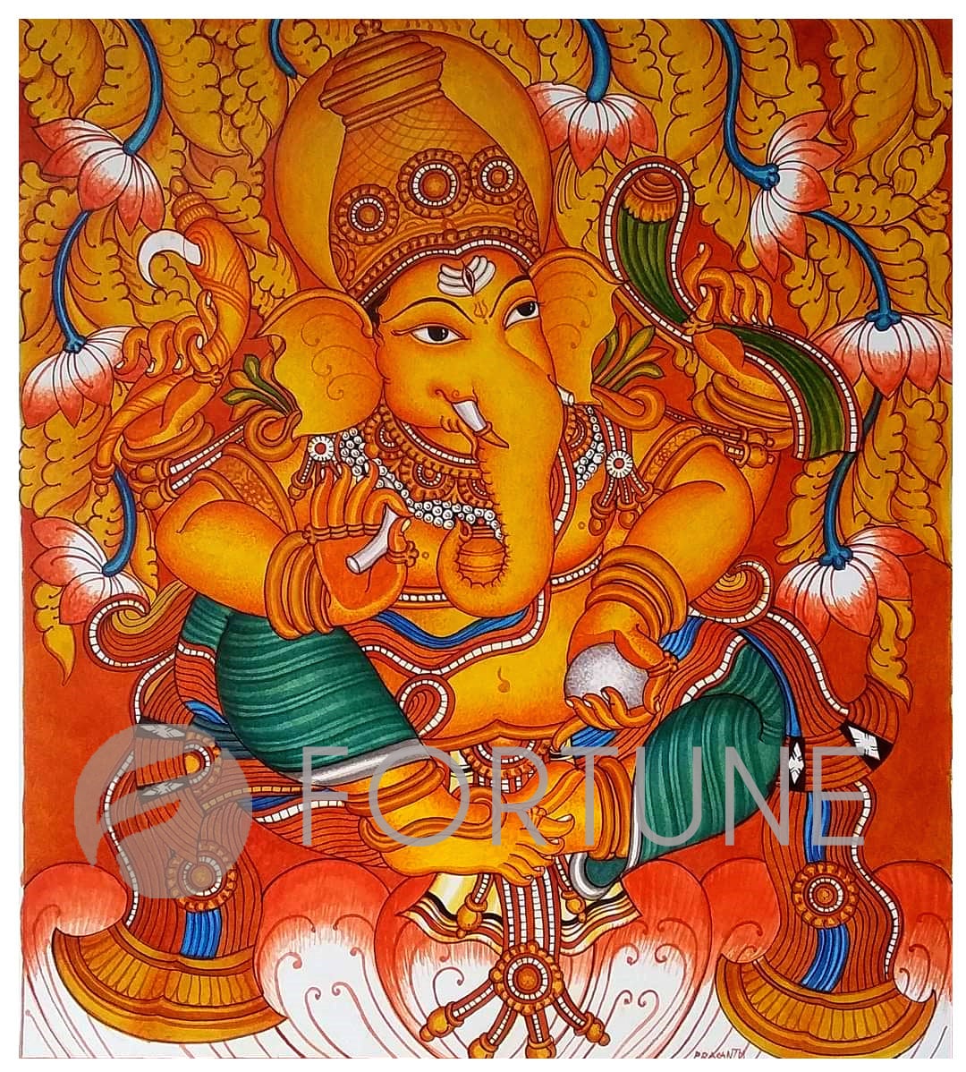 Lord Ganesha, Kerala Mural Painting, Hand Painted, Canvas Rolled, Wall Decor