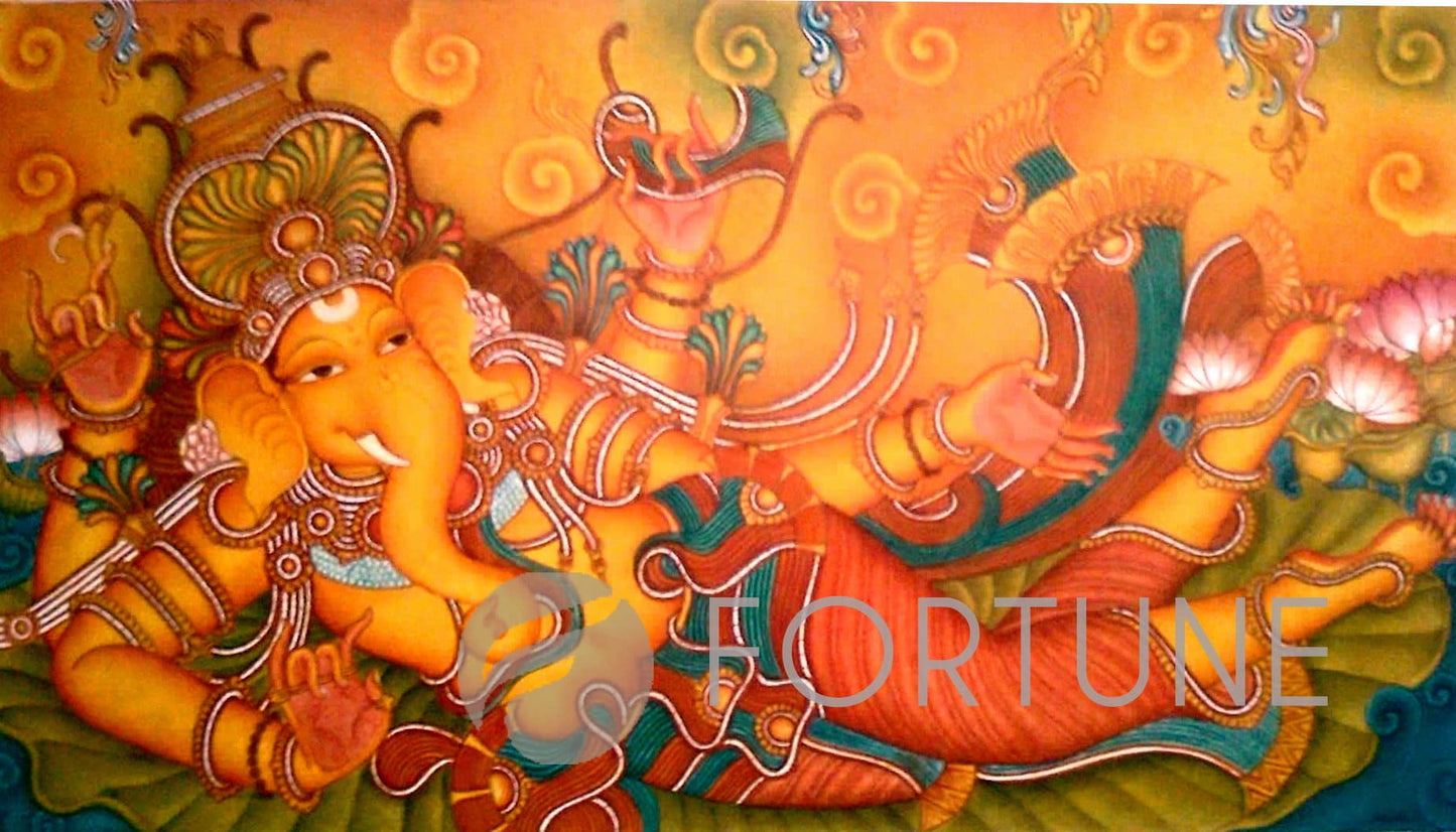 Lord Ganesha, Kerala Mural Painting, Hand Painted, Canvas Rolled, Wall Decor