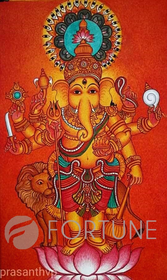 Lord Ganesha, Kerala Mural Painting, Hand Painted, Canvas Rolled, Wall Decor