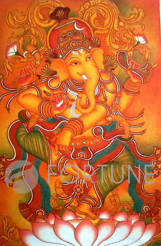 Lord Ganesha, Kerala Mural Painting, Hand Painted, Canvas Rolled, Wall Decor