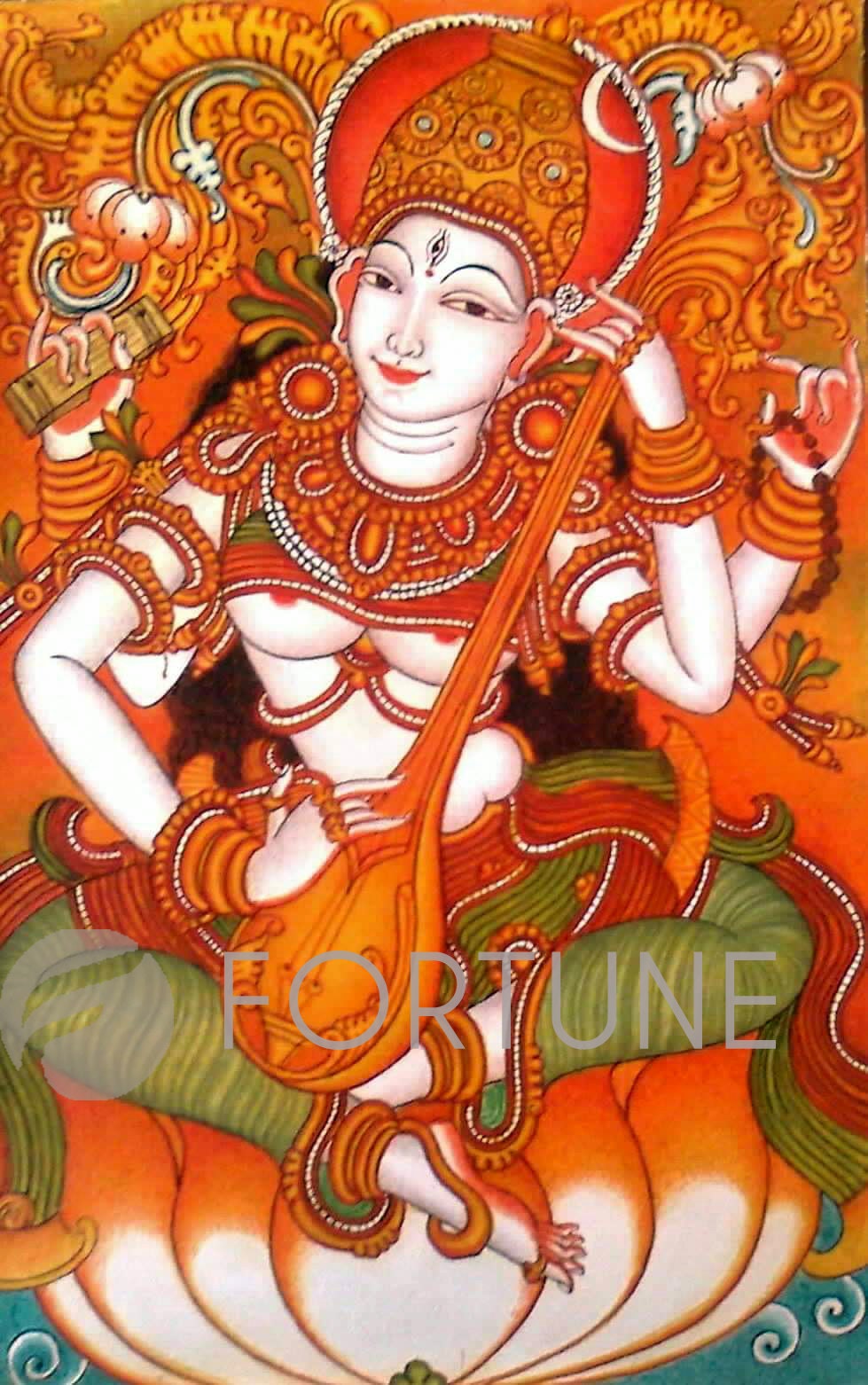 Devi,Durga,Saraswati,Panchamukha Gayathri,Traditional Kerala Mural Style painting Goddess,Original Mural Painting, Canvas Rolled, Wall Decor