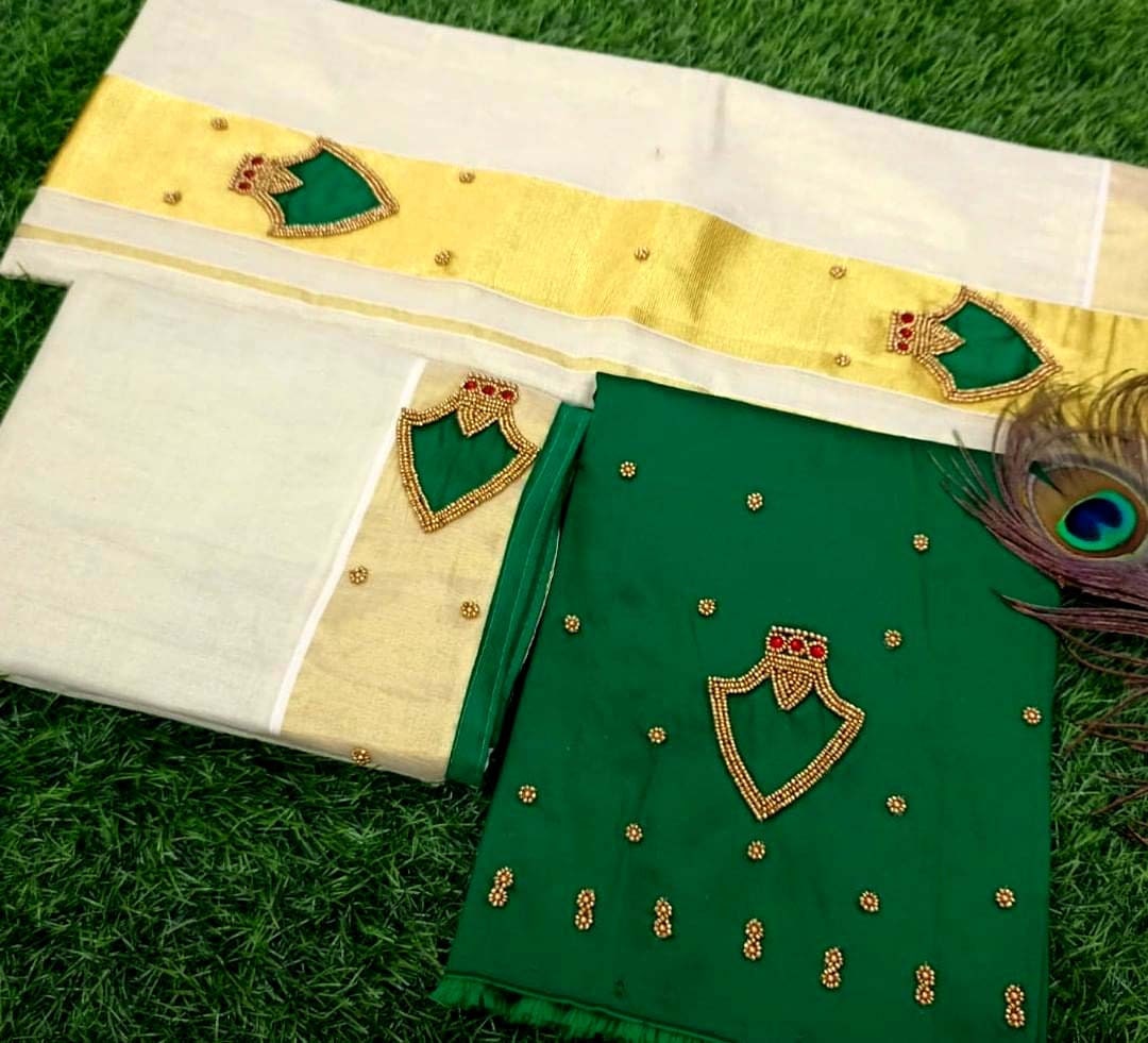 Kerala Palakka Design Set Mundu with Stitched Blouse or Blouse Material, Tissue Set Mundu, Onam Dress, Vishu, Handmade designs, Kerala Style