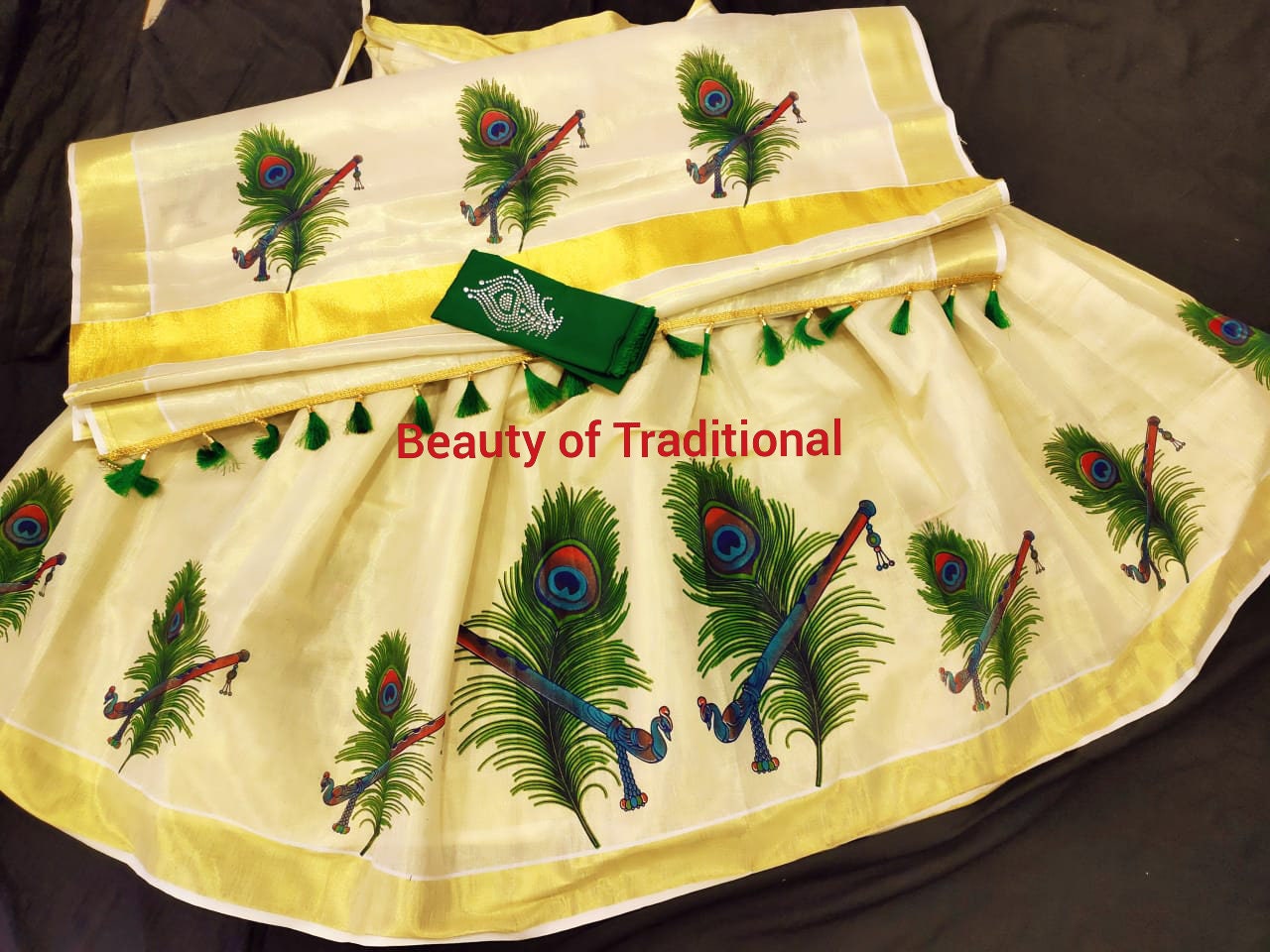 Kerala Tissue Mural Work Davani Skirt Stitched Free Size -with Blouse Material / Traditional Girls clothing / Handmade designs