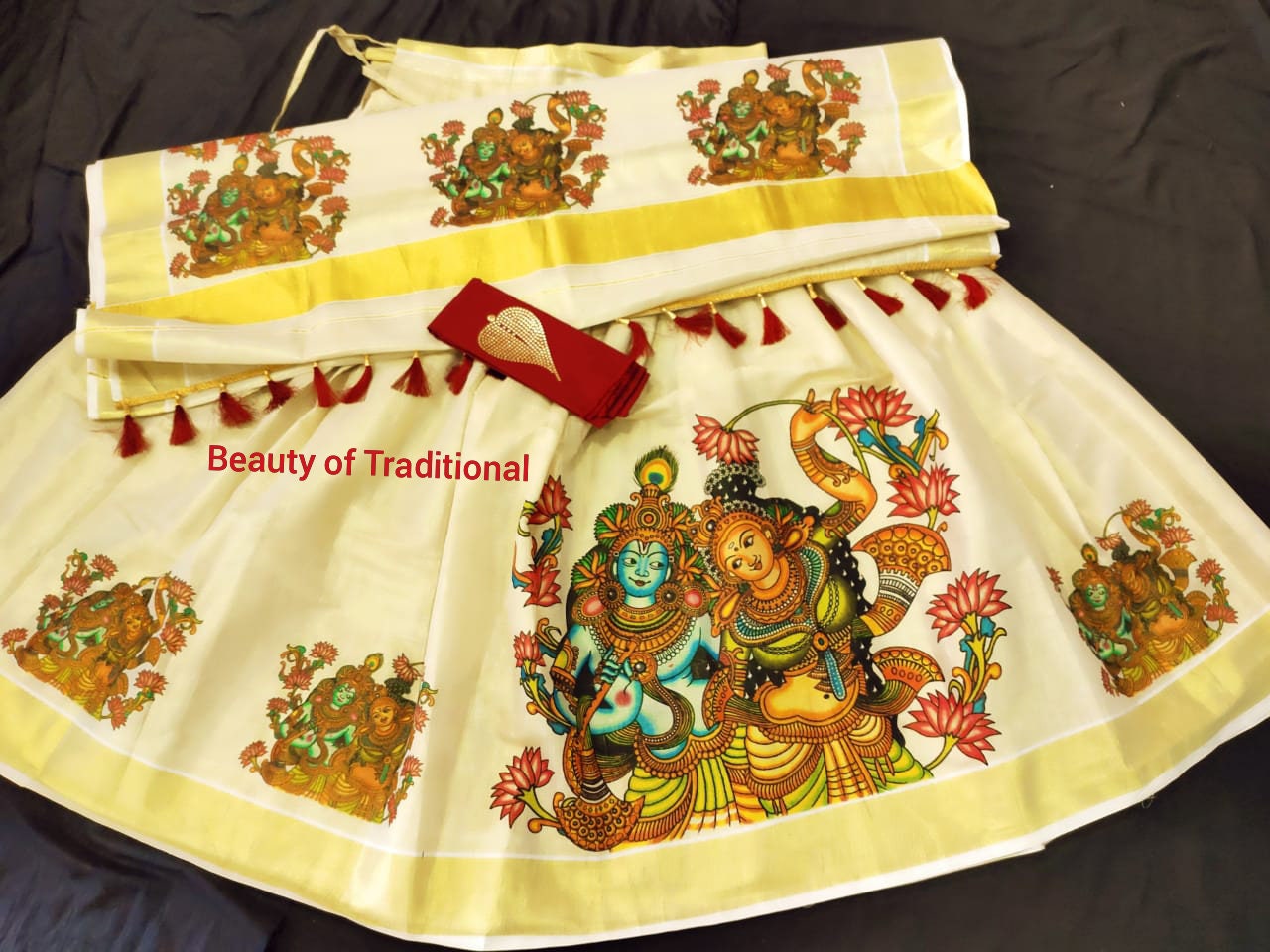 Kerala Tissue Mural Work Davani Skirt Stitched Free Size -with Blouse Material / Traditional Girls clothing / Handmade designs