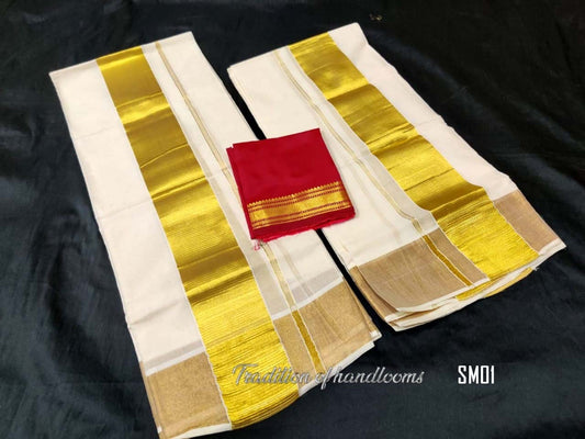 Women&#39;s Cotton Kerala Kasavu Set Mundu with Blouse Material / Indian traditional women clothing/ Handmade designs, Vishu Special Dress