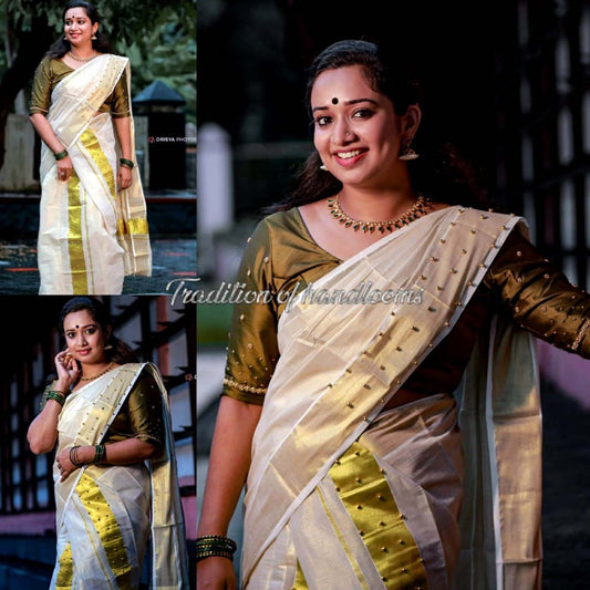 Beads work Tissue Set Mundu with Blouse Material / Kerala traditional women clothing/ Handmade designs/Vishu Special Dress