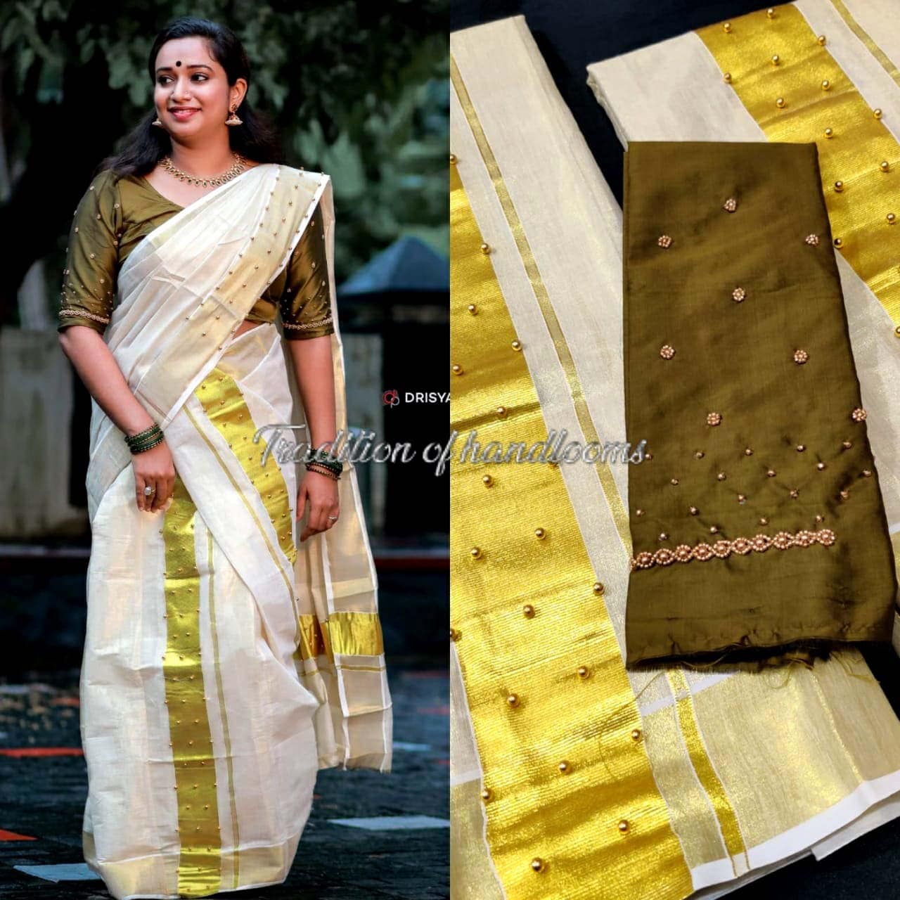 Beads work Tissue Set Mundu with Blouse Material / Kerala traditional women clothing/ Handmade designs/Vishu Special Dress