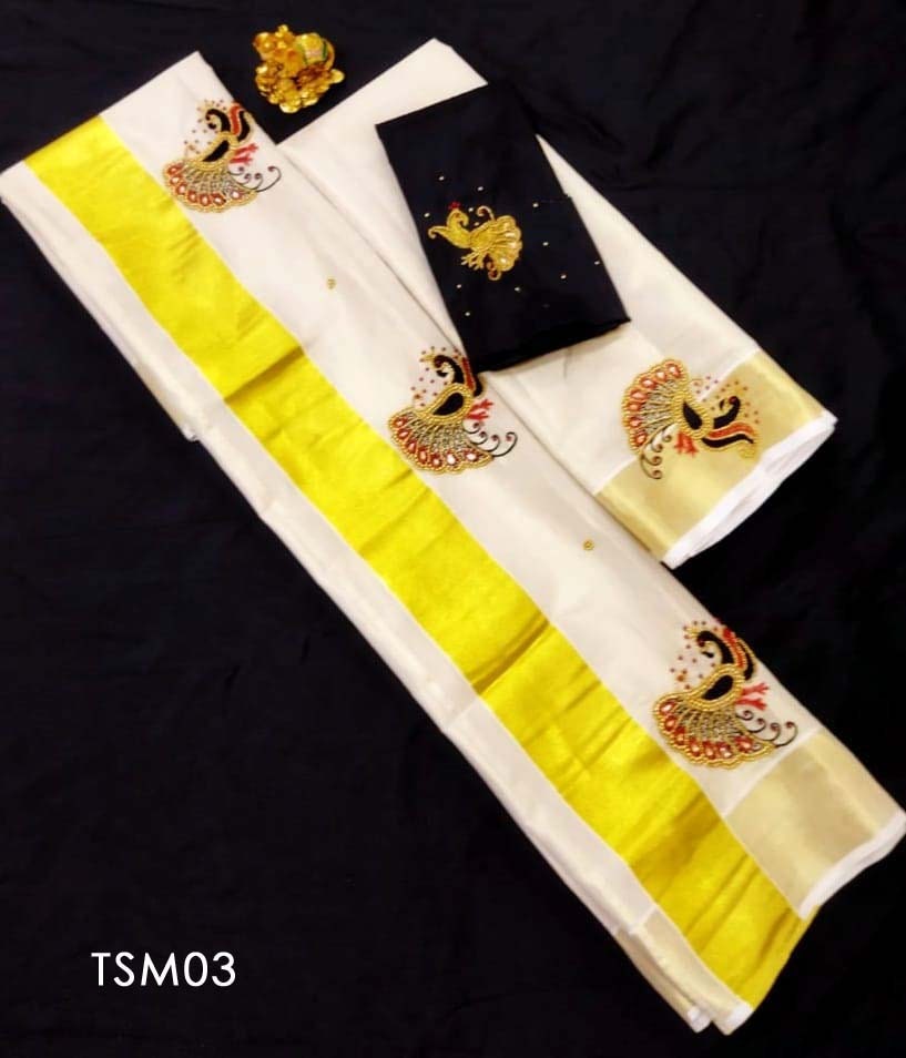 Kerala Tissue Set Mundu with Ready to wear Blouse or Blouse Material / Indian traditional women Vishu Onam festival clothing/ Hand design