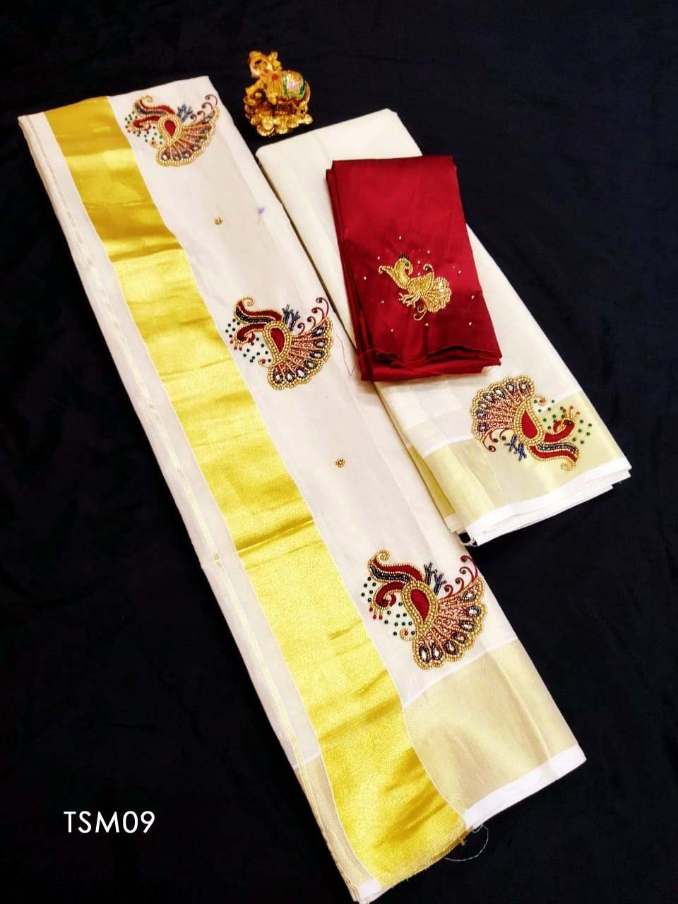 Kerala Tissue Set Mundu with Ready to wear Blouse or Blouse Material / Indian traditional women Vishu Onam festival clothing/ Hand design