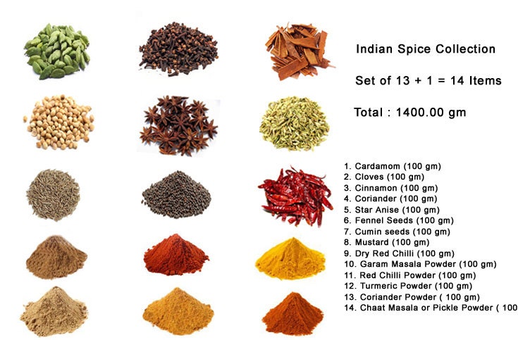 Indian Spice Collection Set of 14/Quality Herbs and Spices / Indian Spices 100% Pure/ Seasonings sets / 100 grm each spice