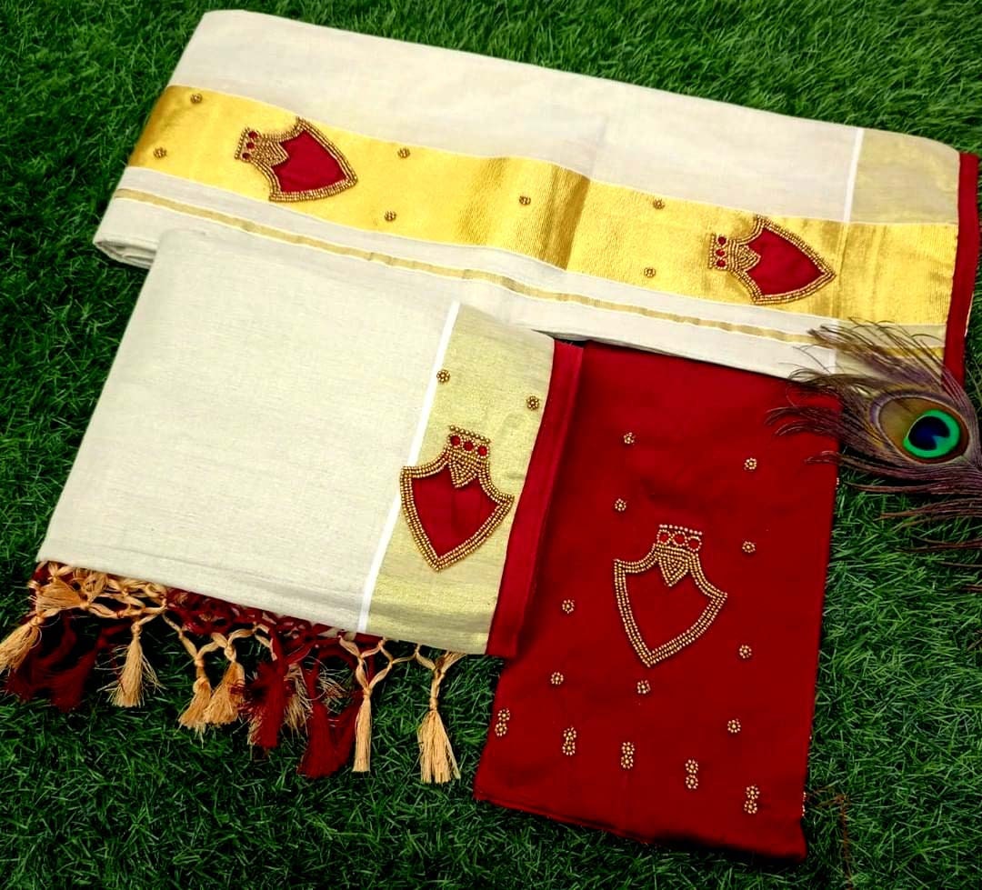 Kerala Palakka Design Set Mundu with Stitched Blouse or Blouse Material, Tissue Set Mundu, Onam Dress, Vishu, Handmade designs, Kerala Style