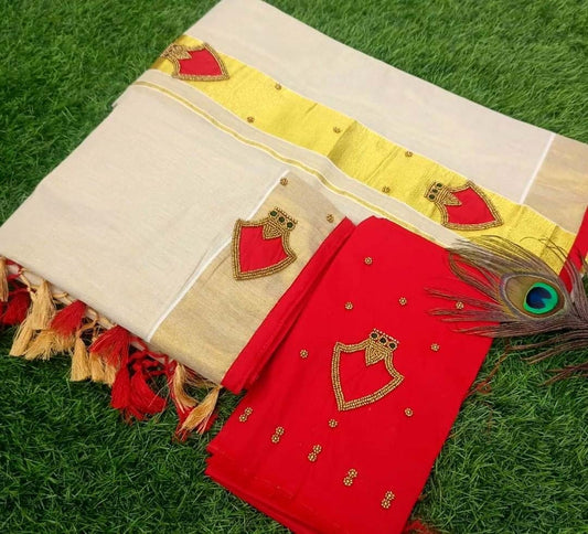 Kerala Palakka Design Set Mundu with Stitched Blouse or Blouse Material, Tissue Set Mundu, Onam Dress, Vishu, Handmade designs, Kerala Style