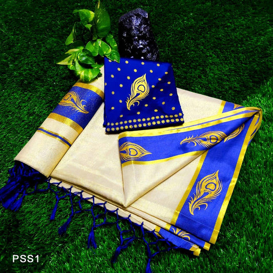 Kerala Tissue Kunjalam Printed Set Saree with Blouse / Indian traditional women clothing/ Handmade designs/Onam/Christmas/New year/Birthday