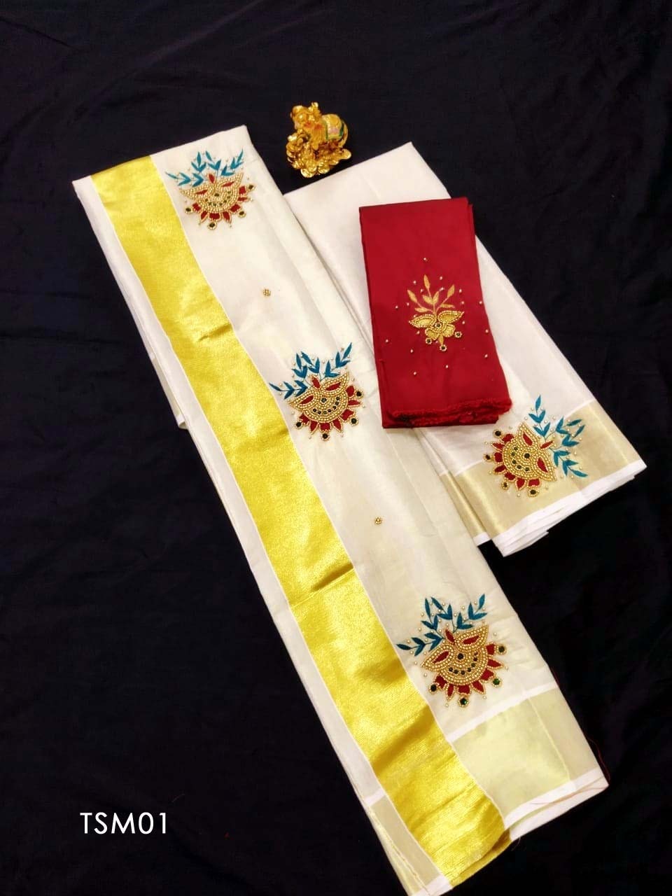 Kerala Tissue Set Mundu with Ready to wear Blouse or Blouse Material / Indian traditional women Vishu Onam festival clothing/ Hand design