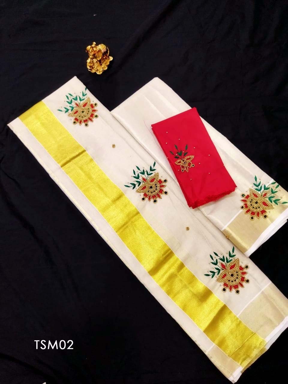 Kerala Tissue Set Mundu with Ready to wear Blouse or Blouse Material / Indian traditional women Vishu Onam festival clothing/ Hand design