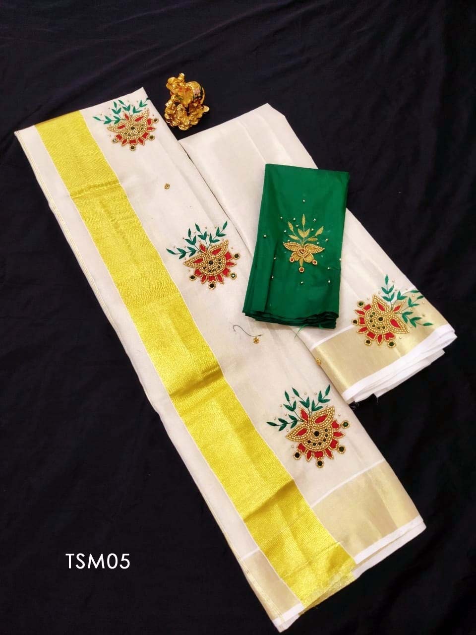 Kerala Tissue Set Mundu with Ready to wear Blouse or Blouse Material / Indian traditional women Vishu Onam festival clothing/ Hand design