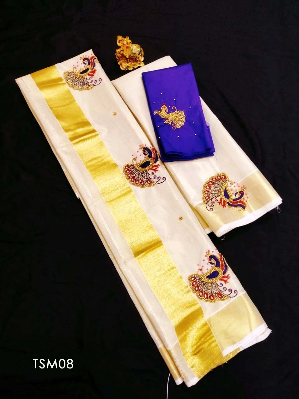 Kerala Tissue Set Mundu with Ready to wear Blouse or Blouse Material / Indian traditional women Vishu Onam festival clothing/ Hand design