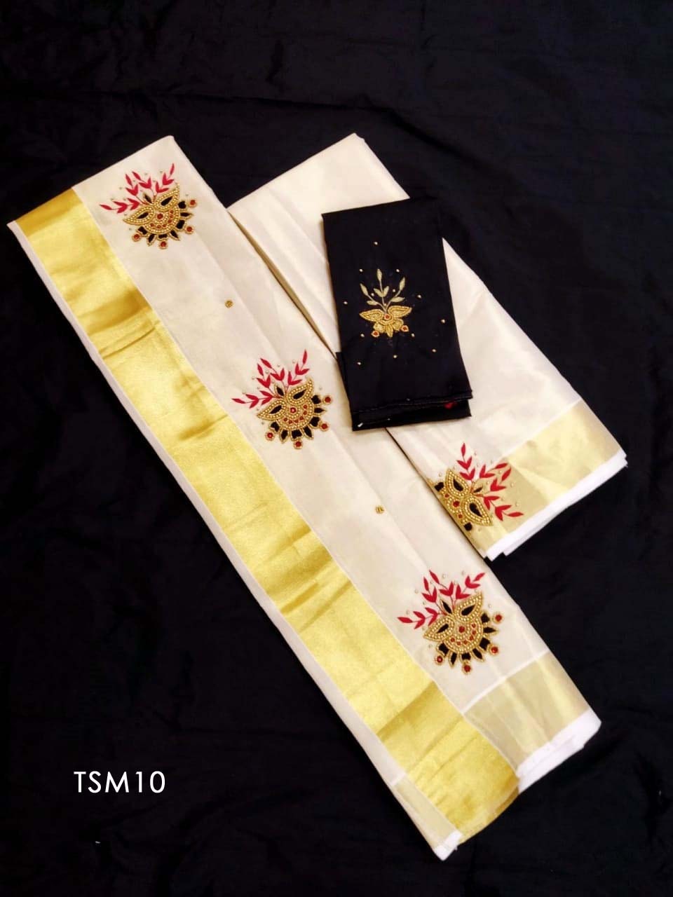 Kerala Tissue Set Mundu with Ready to wear Blouse or Blouse Material / Indian traditional women Vishu Onam festival clothing/ Hand design