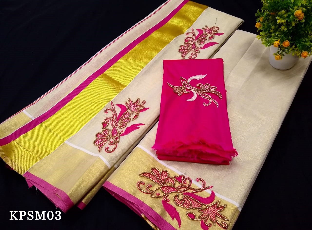 Kerala Tissue Set Mundu with Blouse Material  / Indian traditional women clothing/ Handmade designs. Onam dress, Vishu Festival wear