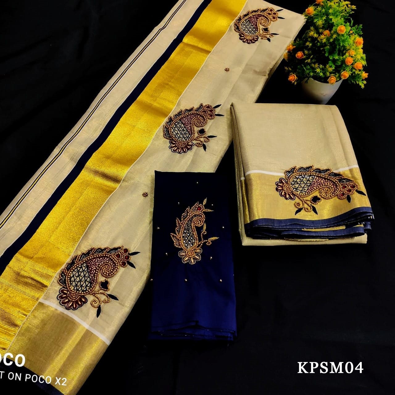 Kerala Tissue Set Mundu with Blouse Material  / Indian traditional women clothing/ Handmade designs. Onam dress, Vishu Festival wear