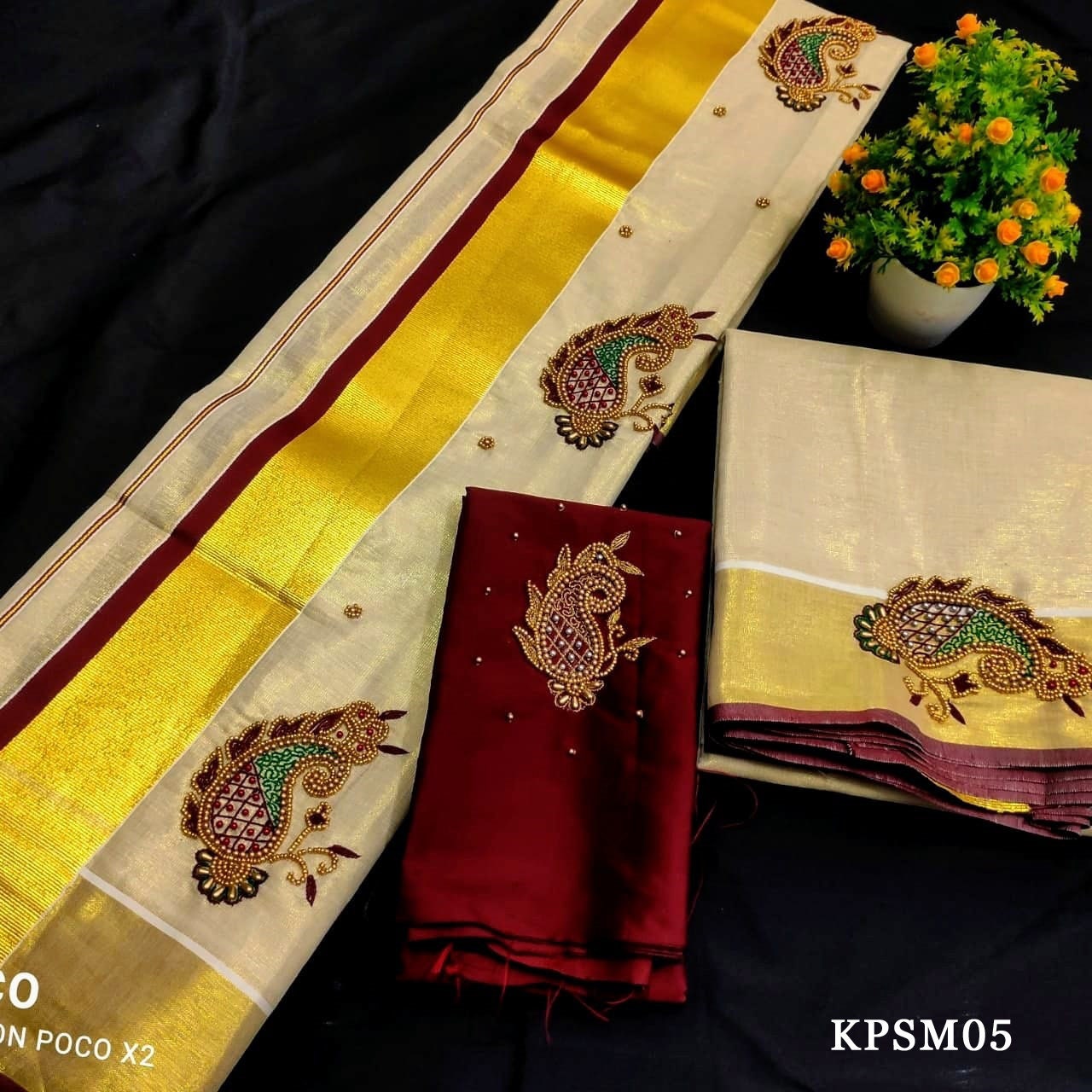 Kerala Tissue Set Mundu with Blouse Material  / Indian traditional women clothing/ Handmade designs. Onam dress, Vishu Festival wear