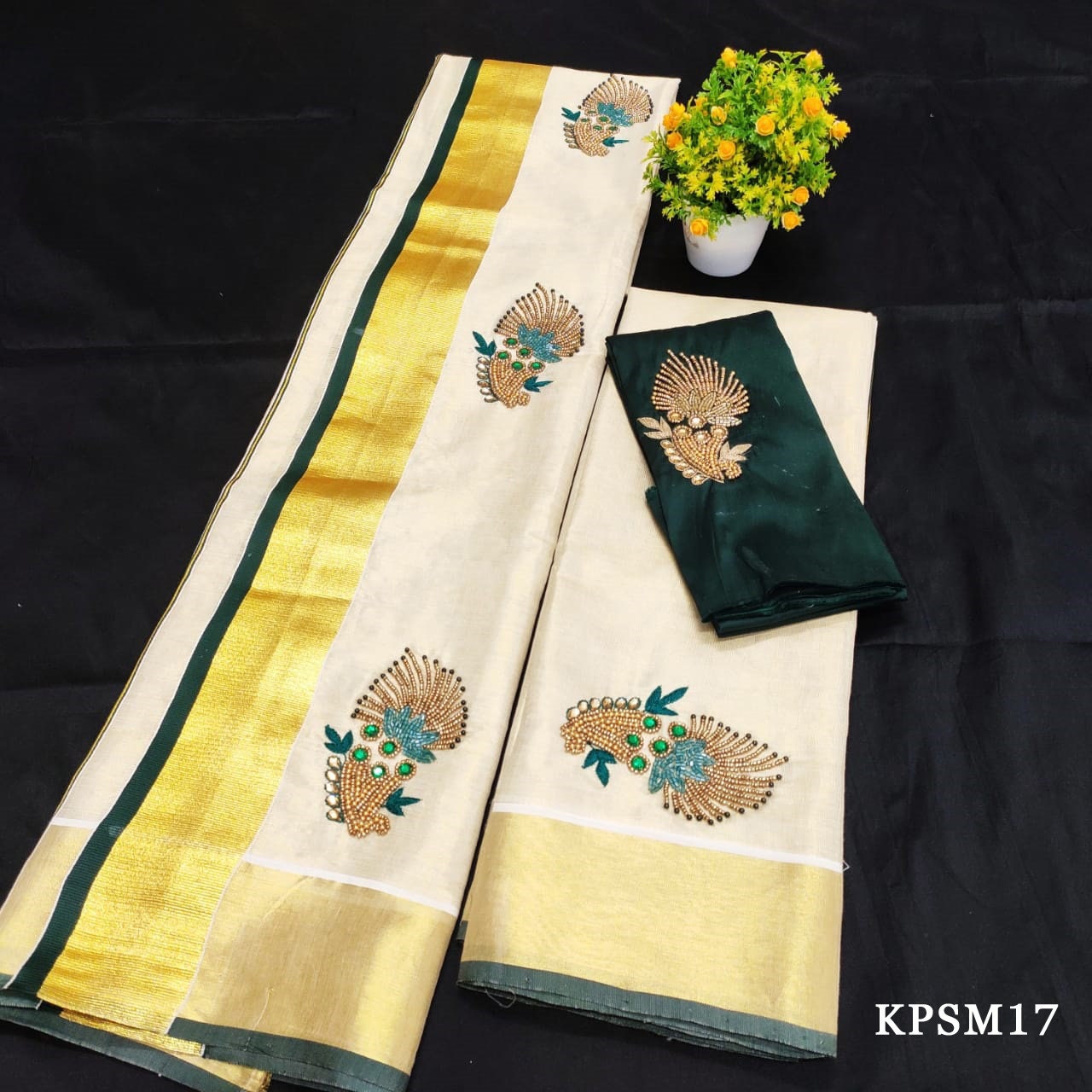 Kerala Tissue Set Mundu with Blouse Material  / Indian traditional women clothing/ Handmade designs/Onam Vishu Set Mundu