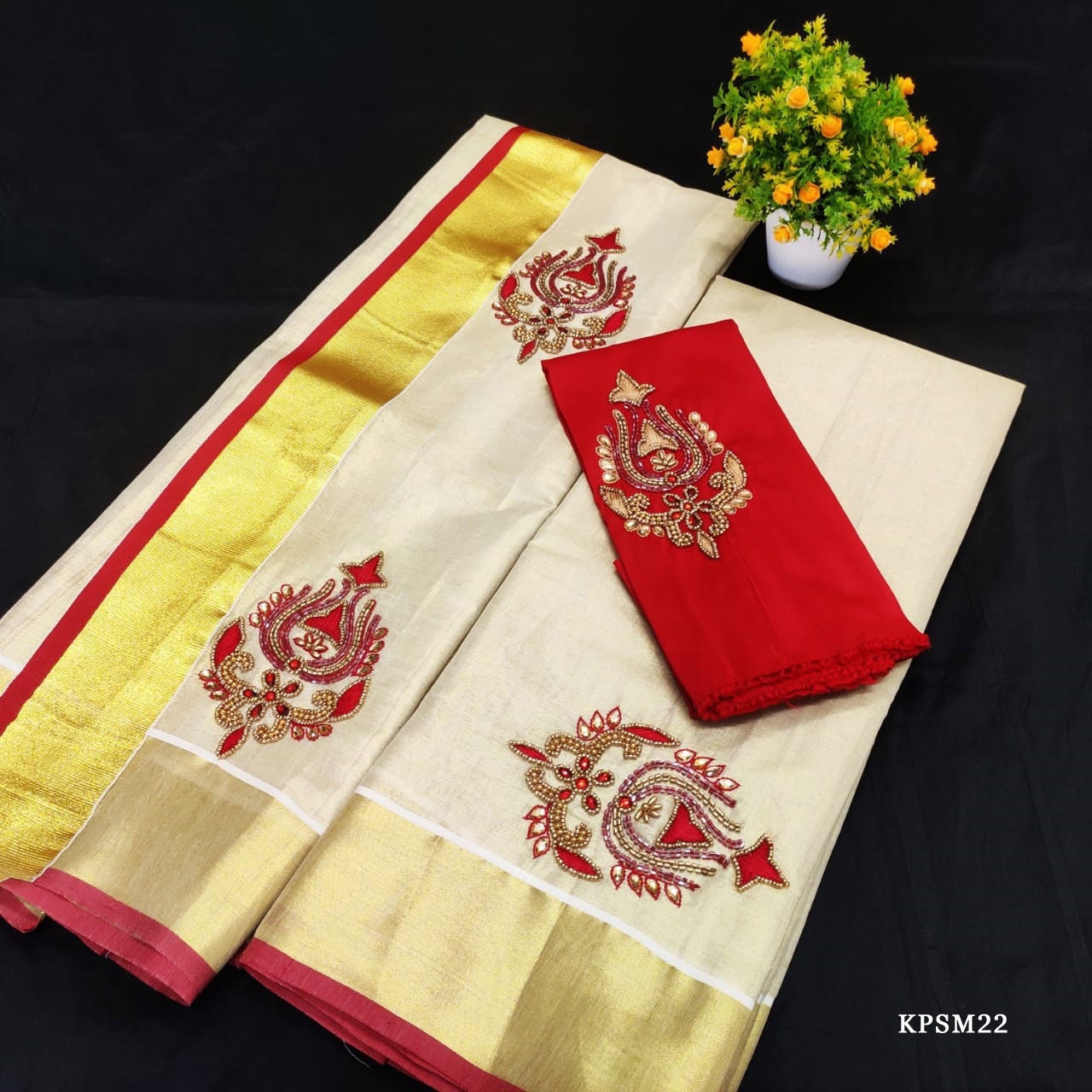 Kerala Tissue Set Mundu with Blouse Material  / Indian traditional women clothing/ Handmade designs, Onam,Vishu special dress