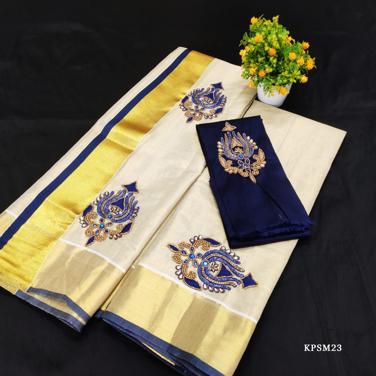 Kerala Tissue Set Mundu with Blouse Material  / Indian traditional women clothing/ Handmade designs, Onam,Vishu special dress