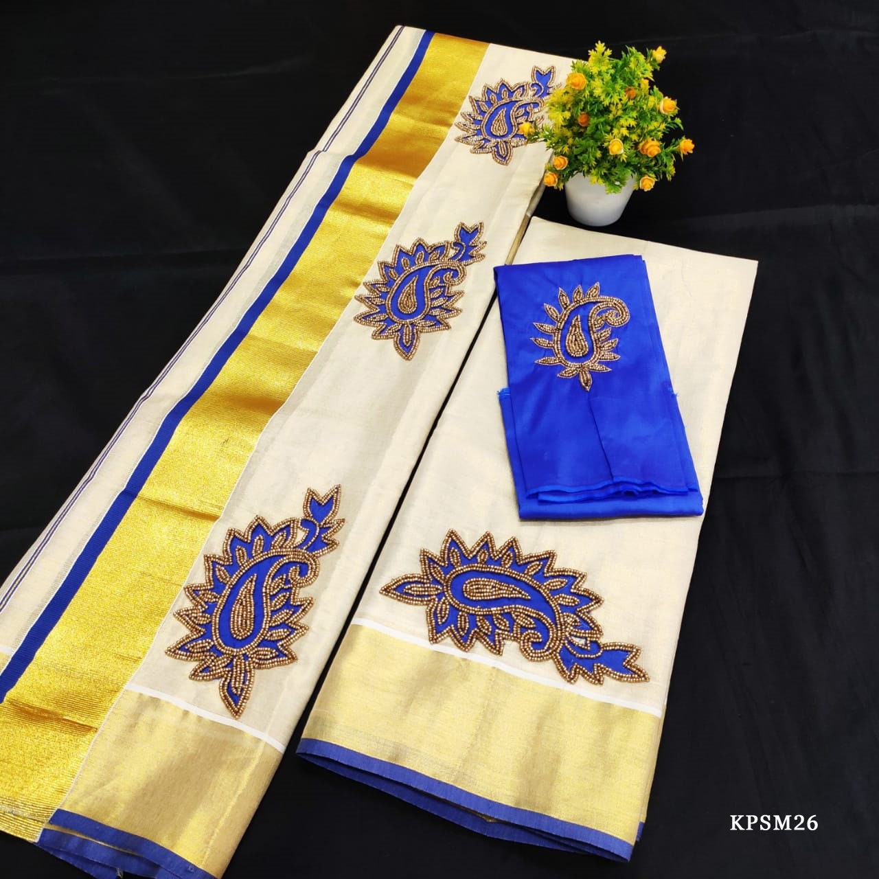 Kerala Tissue Set Mundu with Blouse Material  / Indian traditional women clothing/ Handmade designs, Onam,Vishu special dress