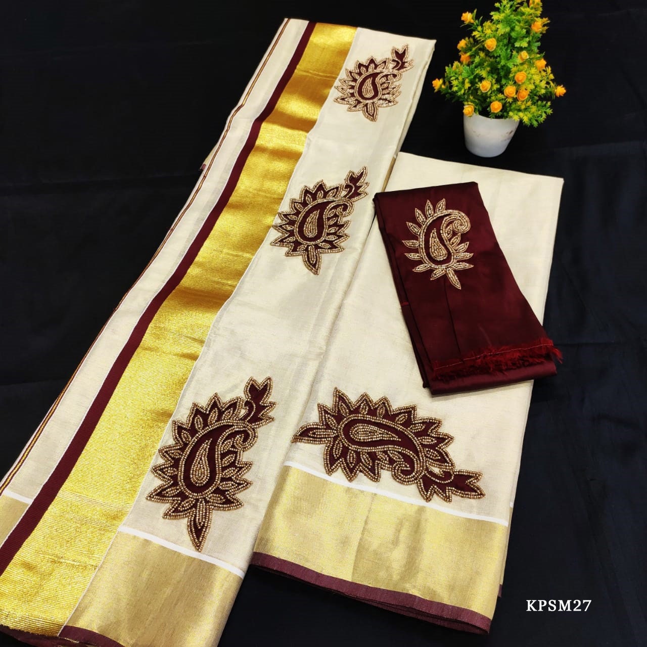 Kerala Tissue Set Mundu with Blouse Material  / Indian traditional women clothing/ Handmade designs, Onam,Vishu special dress