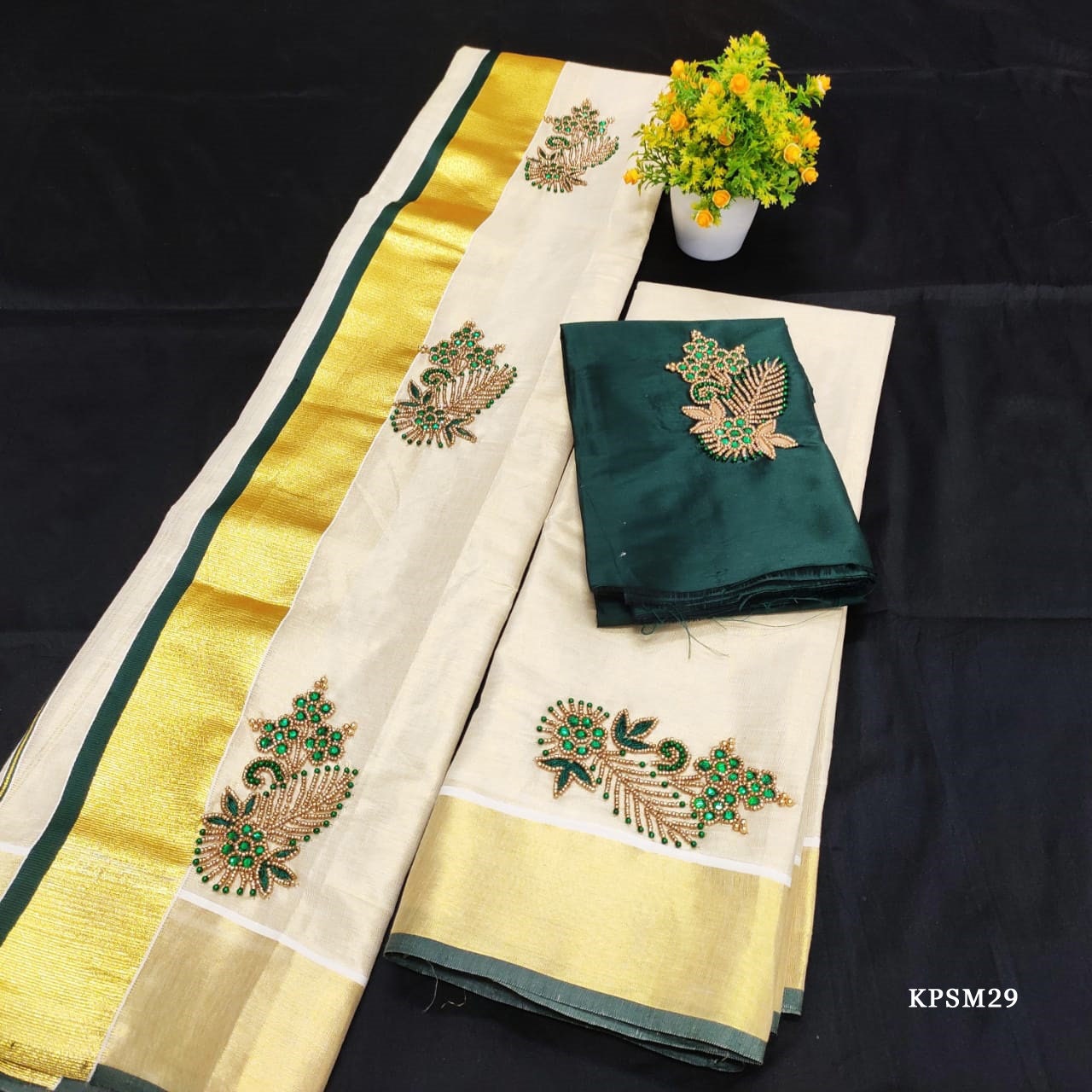 Kerala Tissue Set Mundu with Blouse Material /Ready to Wear Blouse/ Indian traditional women clothing/ Handmade designs/Onam, Vishu Special