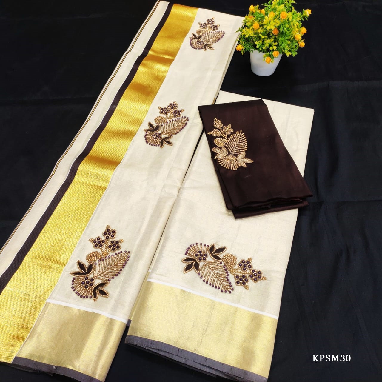 Kerala Tissue Set Mundu with Blouse Material /Ready to Wear Blouse/ Indian traditional women clothing/ Handmade designs/Onam, Vishu Special