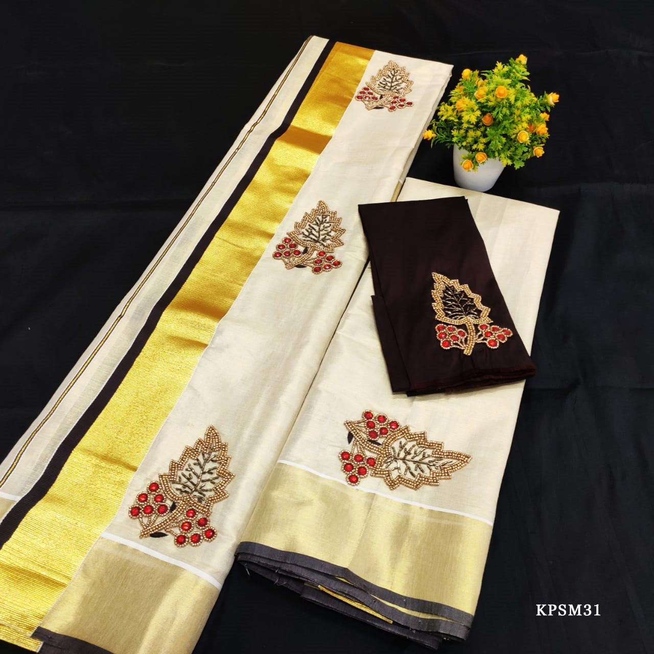 Kerala Tissue Set Mundu with Blouse Material /Ready to Wear Blouse/ Indian traditional women clothing/ Handmade designs/Onam, Vishu Special