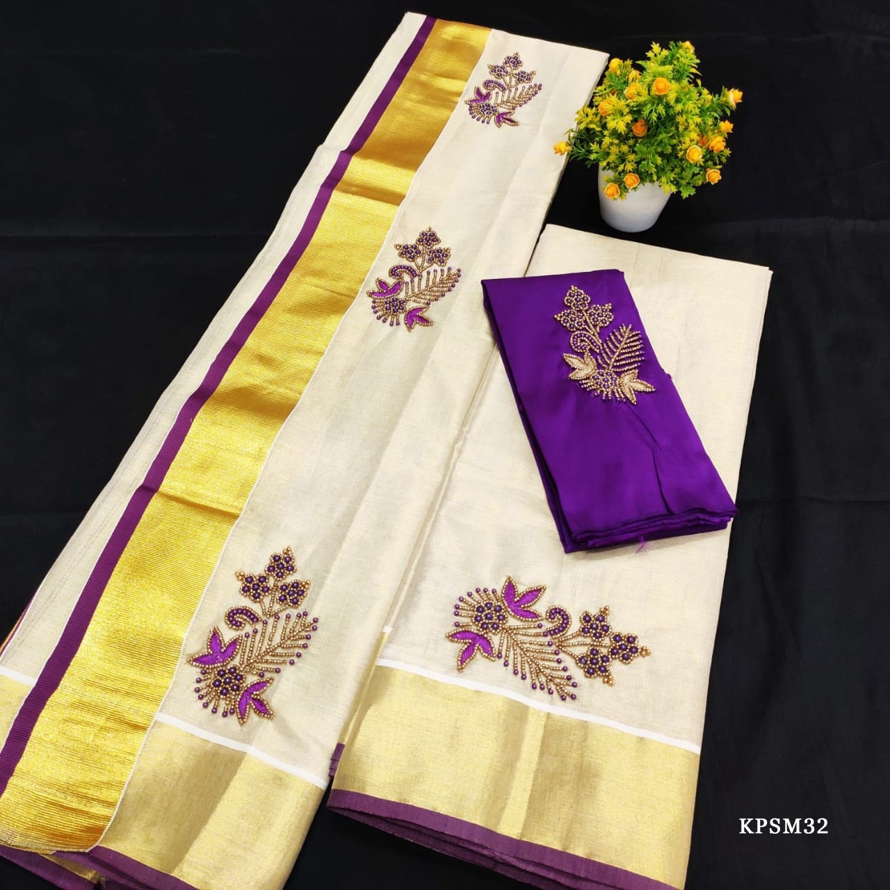 Kerala Tissue Set Mundu with Blouse Material /Ready to Wear Blouse/ Indian traditional women clothing/ Handmade designs/Onam, Vishu Special