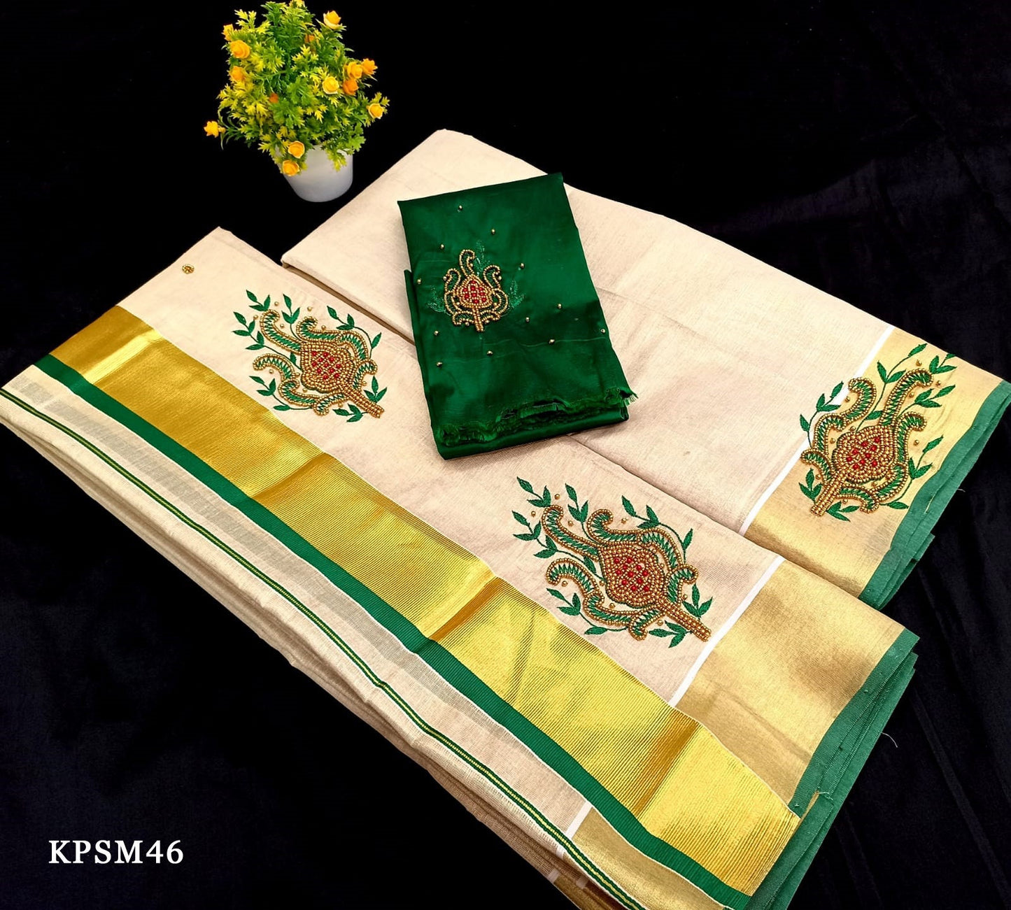 Kerala Tissue Set Mundu with Blouse Material  / Indian traditional women clothing/ Handmade designs, Vishu Set Mundu