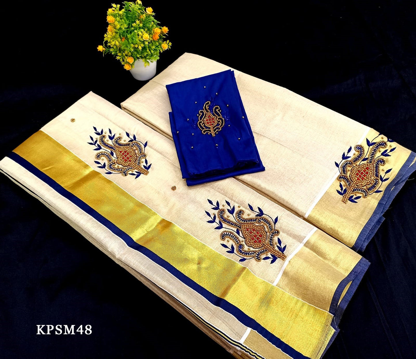 Kerala Tissue Set Mundu with Blouse Material  / Indian traditional women clothing/ Handmade designs, Vishu Set Mundu