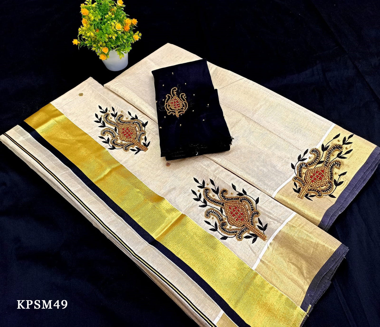 Kerala Tissue Set Mundu with Blouse Material  / Indian traditional women clothing/ Handmade designs, Vishu Set Mundu