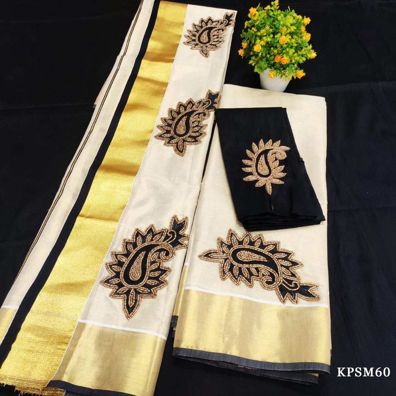 Kerala Tissue Set Mundu with Ready wear Blouse or Blouse Material  / Indian traditional women clothing/ Handmade designs, Vishu outfit