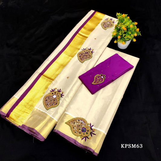 Set Mundu with Blouse Material, Kerala traditional women clothing, Handmade designs/Stitched Blouse/Onam Vishu Tissue Set Mundu