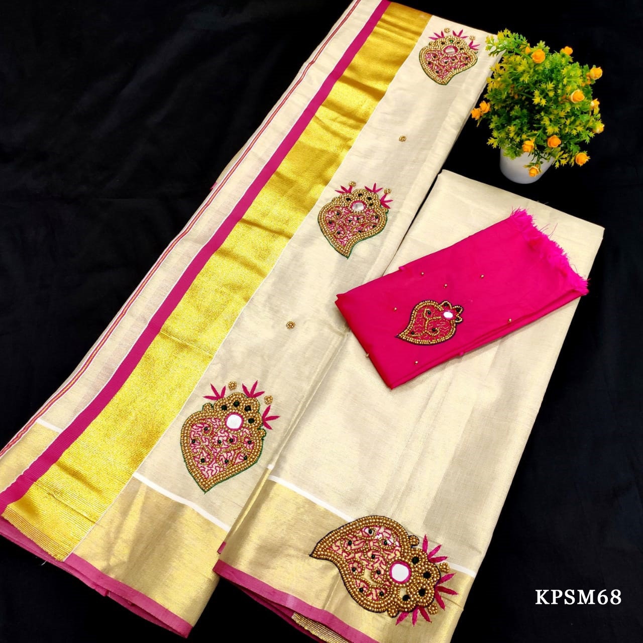 Set Mundu with Blouse Material, Kerala traditional women clothing, Handmade designs/Stitched Blouse/Onam Vishu Tissue Set Mundu