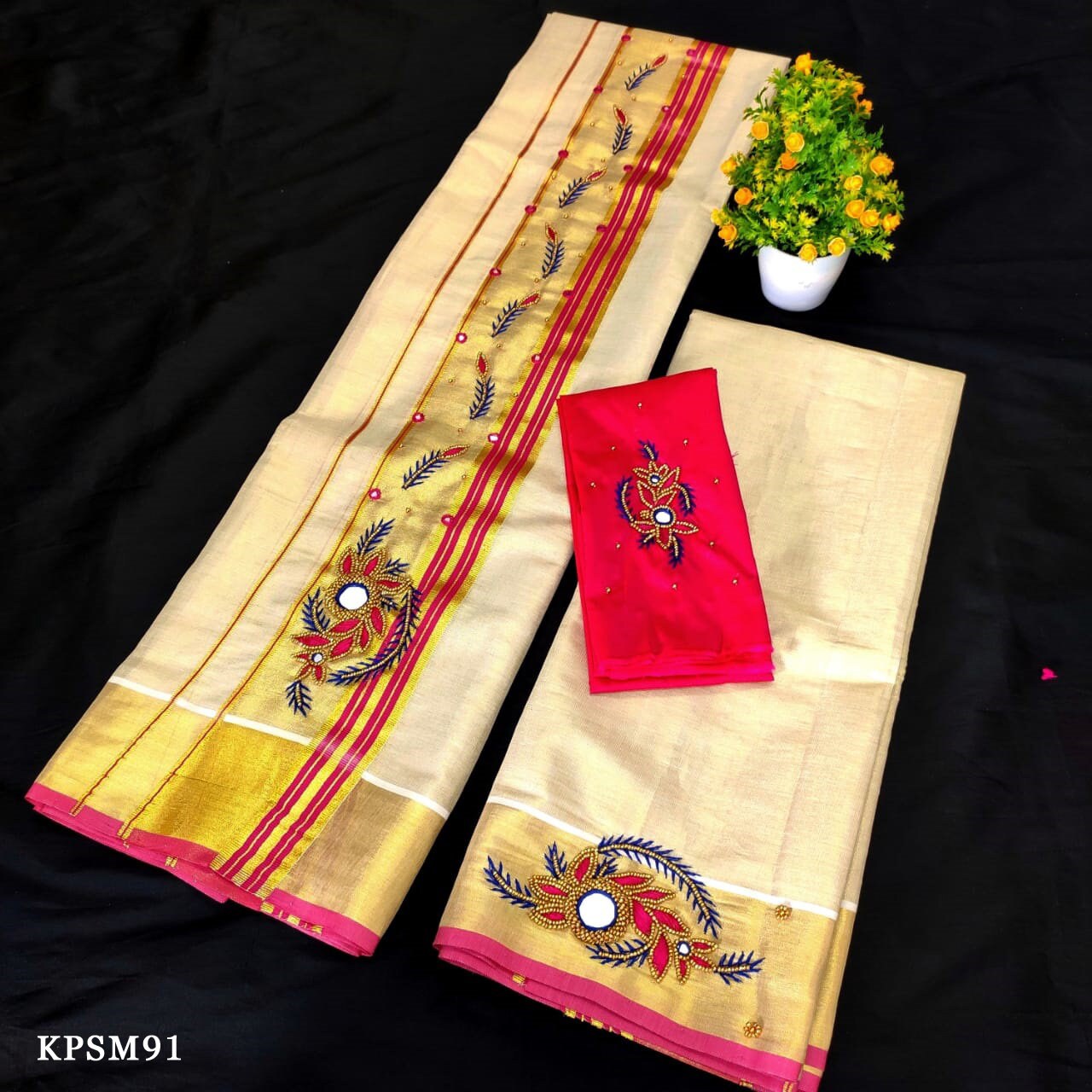 Kerala Tissue Set Mundu with Blouse Material  / Indian traditional women clothing/ Handmade designs/Vishu Onam wear