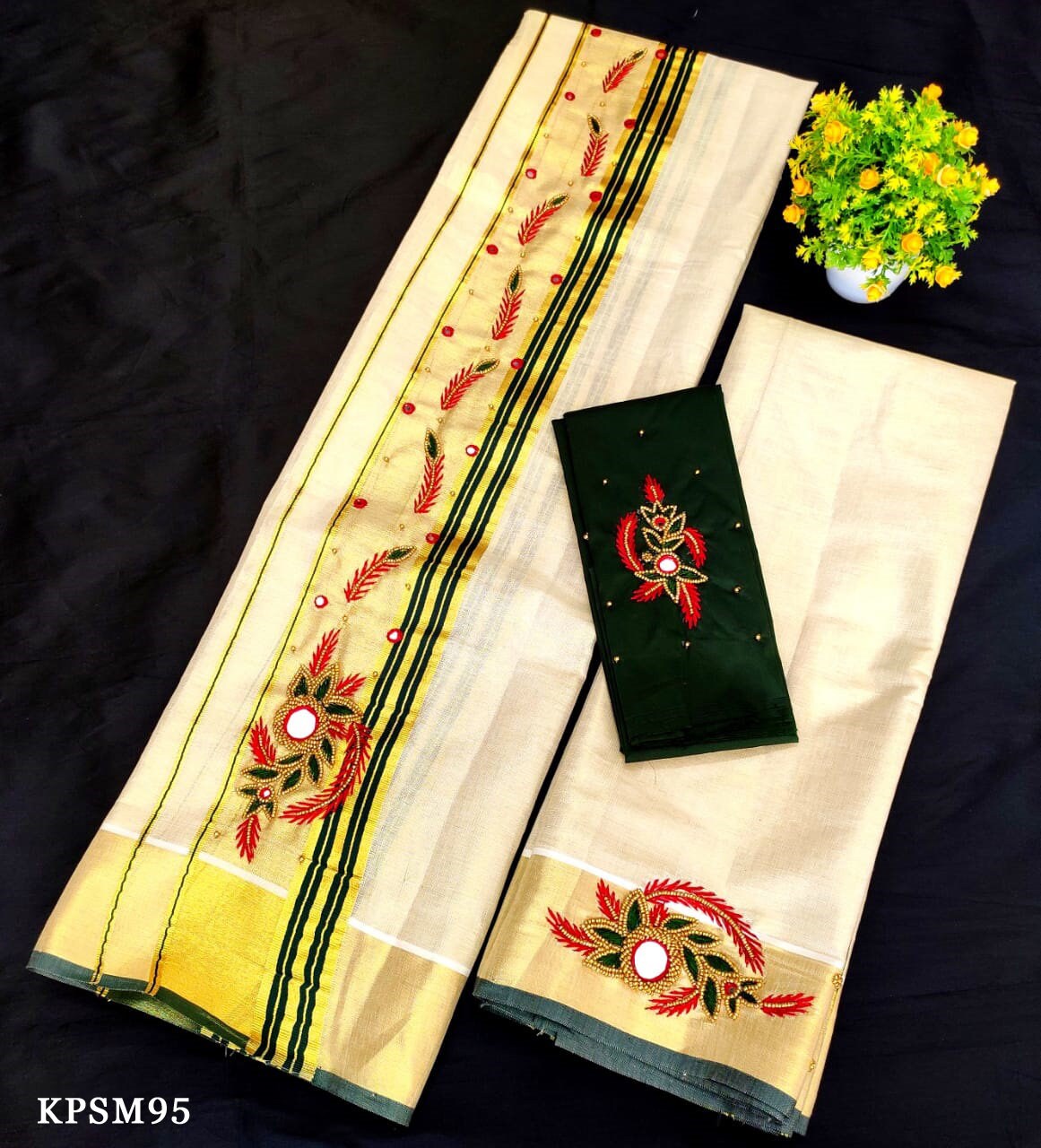 Kerala Tissue Set Mundu with Blouse Material  / Indian traditional women clothing/ Handmade designs/Vishu Onam wear